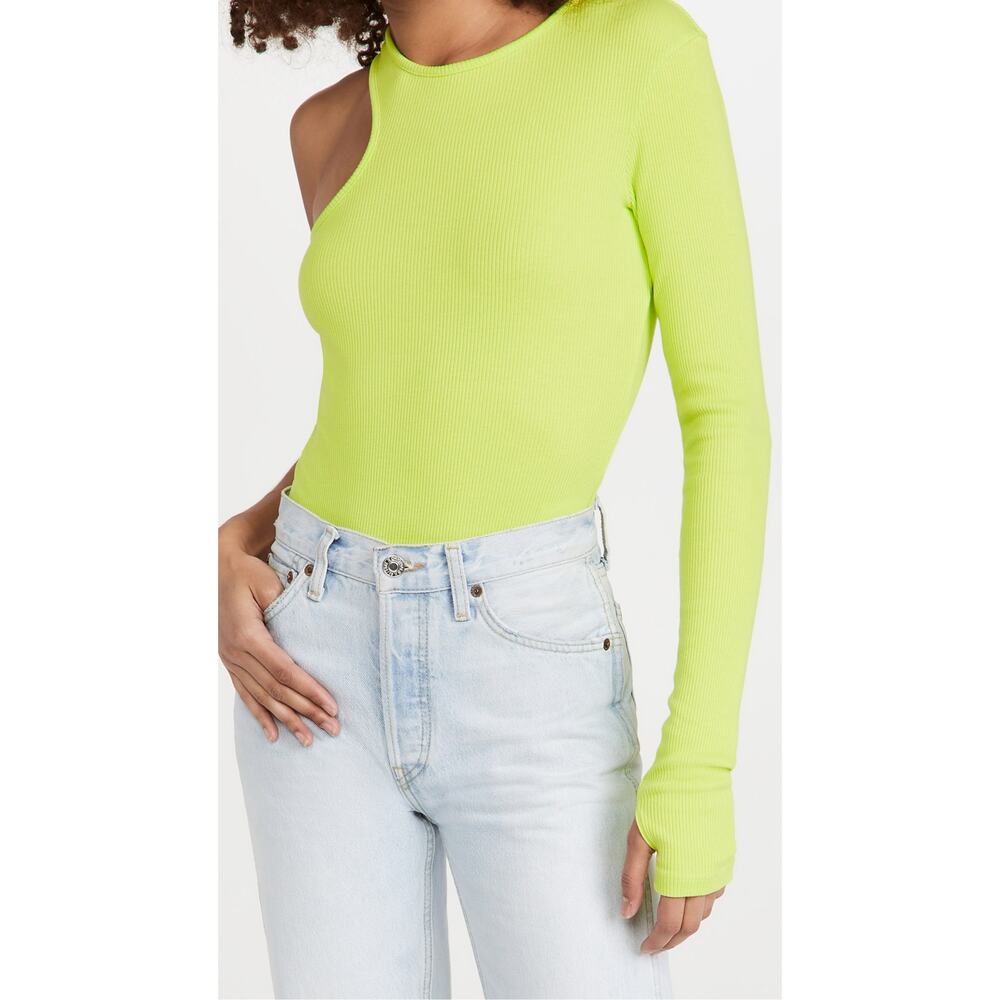 AGolde Bea Asymmetric Cutaway Thong Bodysuit Lime Green Thumb Hole Size Large - Picture 2 of 16